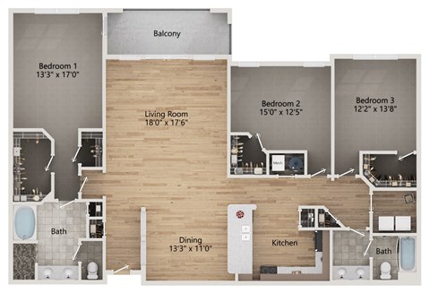 A floor plan of a home with three bedrooms, a living room, a dining room, a kitchen, and a balcony.